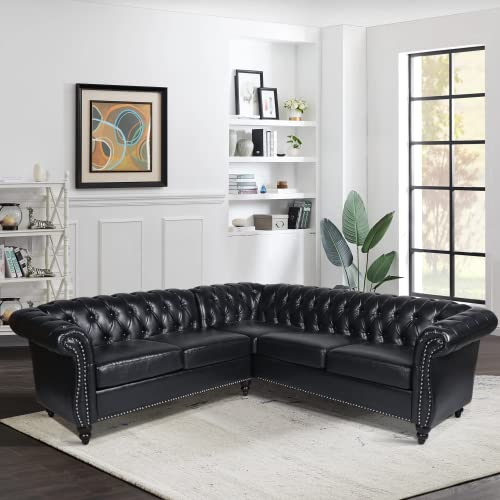 ORRD L Shaped Small Sectional Sofa, Chesterfield Leather Couch Tufted Accent Sofa with Scroll Arms and Nailhead for Living Room, Office