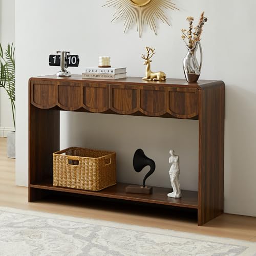 ORRD Console Table with Drawers, Mid-Century 43 Inches Narrow Entryway Tables with Open Storage Shelves, Hallway Accent Tables Behind Couch Table for Living Room - Walnut