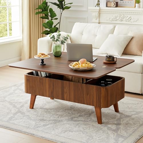 ORRD 3 in 1 Lift Top Coffee Table, Fluted Convertible Coffee Tables Converts to Dining Tables, Modern Oval Wooden Center Table with Storage for Living Room Office Small Space, Partial Assembly (Walnut)