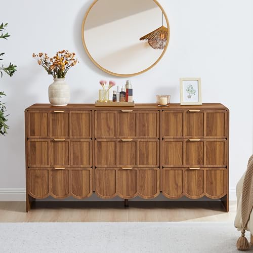 ORRD 9 Drawer Dresser for Bedroom, Modern Closet Chest of Drawers with Wave Fluted Drawer, Wood Storage Small Dresser Organizer for Nursery Bedroom Living Room Hallway Closet (Walnut)