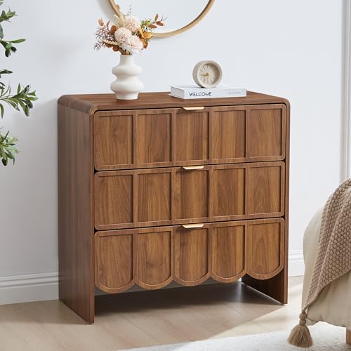 ORRD 3 Drawer Dresser for Bedroom, Modern Closet Chest of Drawers with Wave Fluted Drawer, Wood Storage Small Dresser Organizer for Nursery Bedroom Living Room Hallway Closet (Walnut)