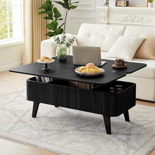 ORRD Fluted Lift Top Coffee Table, 3 in 1 Convertible Coffee Tables Converts to Dining Tables, Modern Oval Wooden Center Table with Storage for Living Room Office Small Space, Partial Assembly (Black)